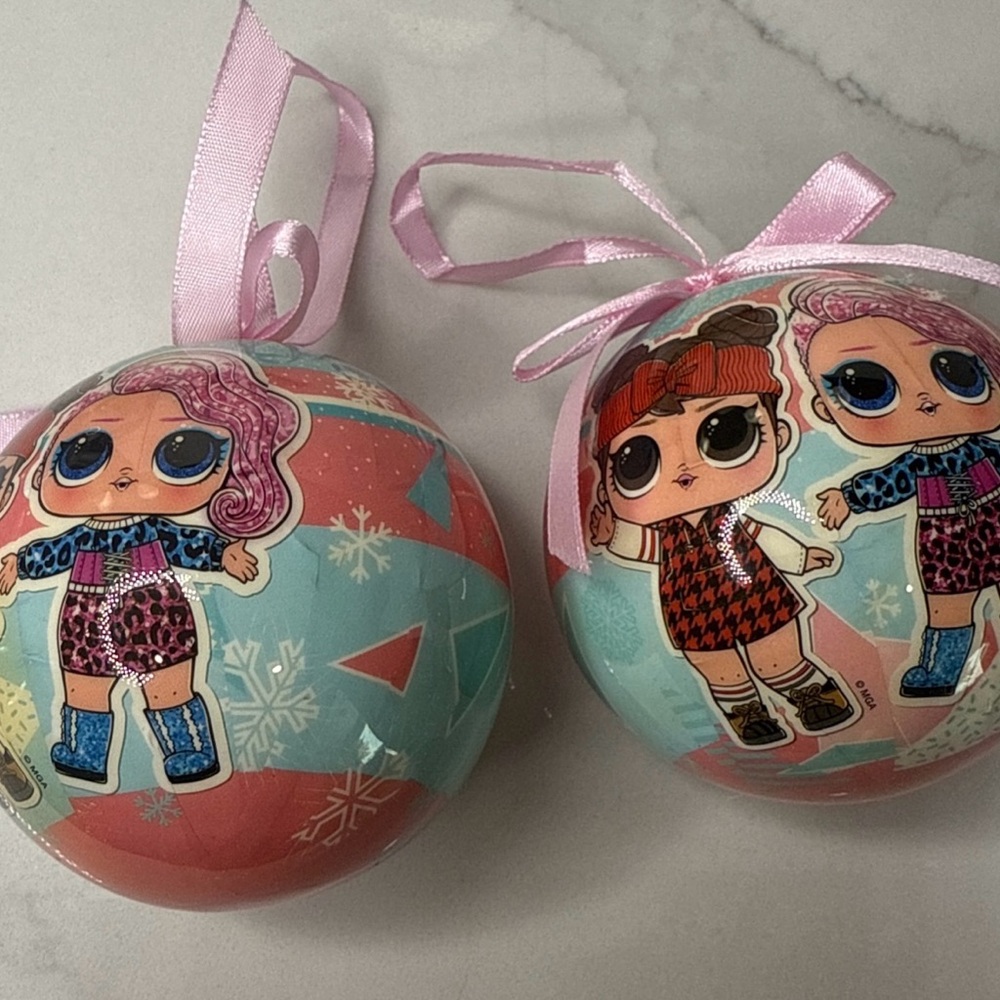 2 LOL Surprise Christmas Ornament MGA Holiday Ball with Ribbon Bow Pre loved
